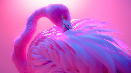  A pink flamingo in close-up, head tilted to the side, against a backdrop of intense background light