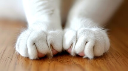  A tight shot of a white cat's paw on a weathered wooden floor, its claws fully extended