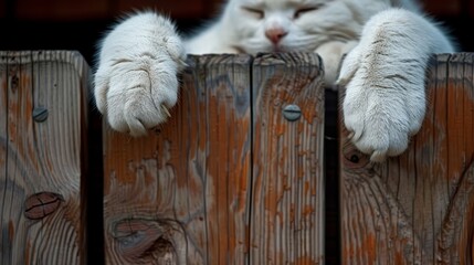  A cat in a close-up, perched atop a wooden fence with paws rested on its edge