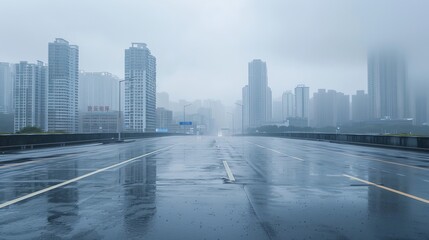 Rainy day scene featuring an empty wet asphalt road against a foggy city skyline background.