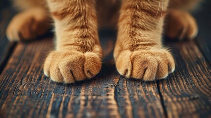  A cat's paw in close-up on a weathered wood floor, toes splayed out to the side