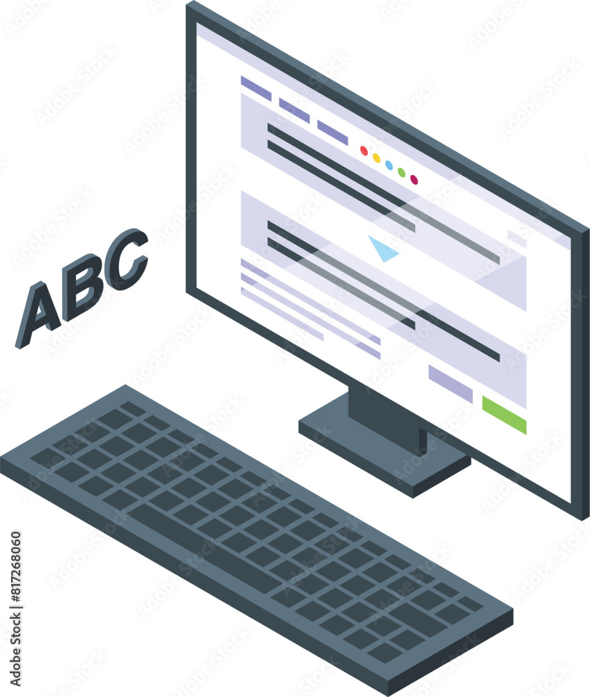 Poster modern isometric computer workspace vector illustration with minimalistic design and stylish technol