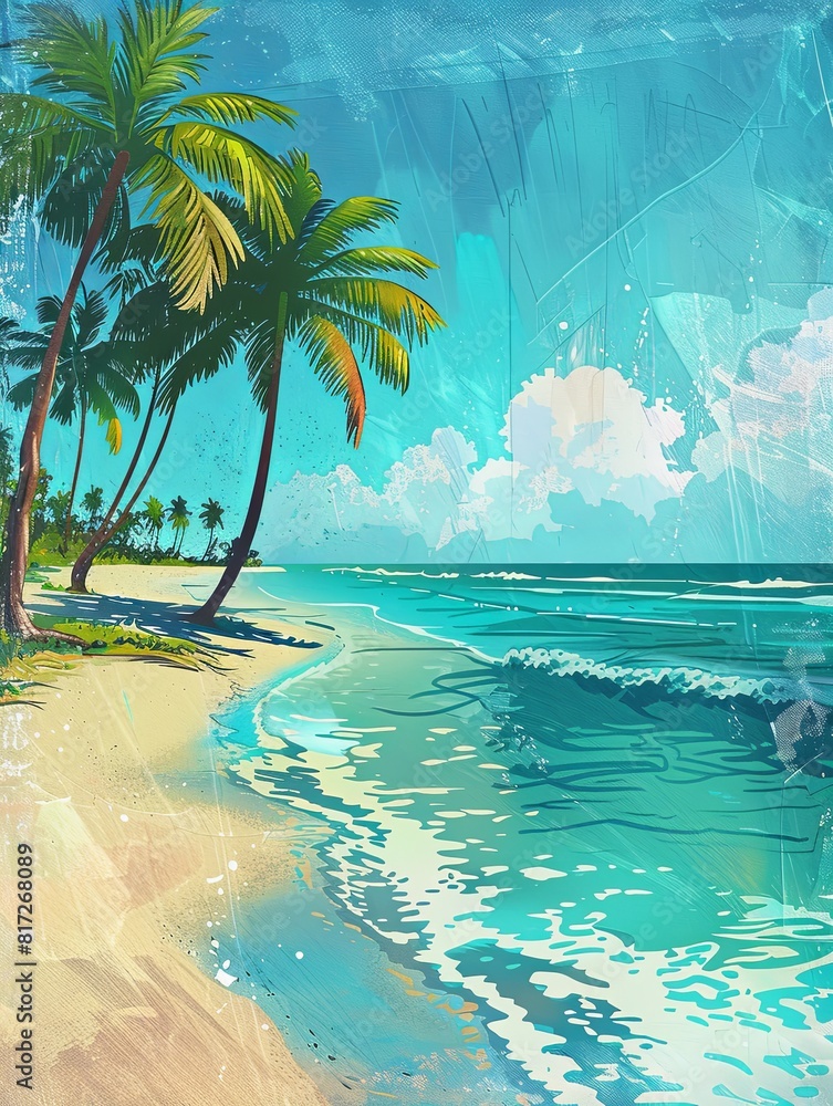 Poster a painting featuring a tropical beach with palm trees swaying in the wind and waves crashing on the 
