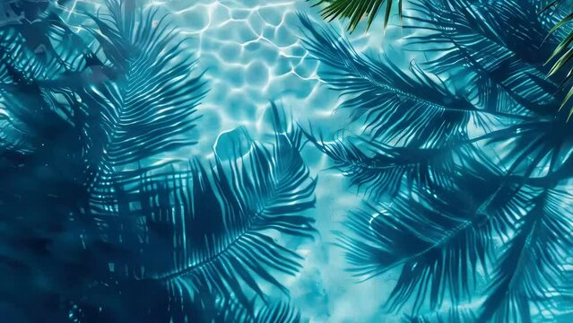 Blue ocean with palm trees and leafy green background