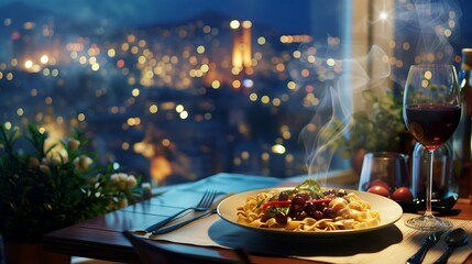 A steaming plate of pasta with fresh vegetables and a glass of red wine on a table set for two on a balcony overlooking a city skyline at night.