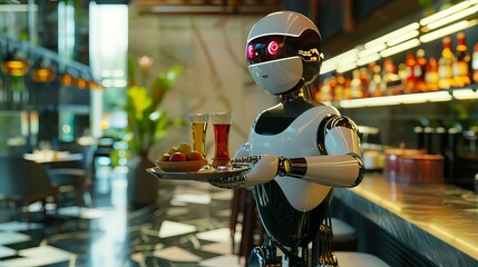 Representation of a humanoid robot waiter carrying a tray of food and drinks in a restaurant, symbolizing the future of artificial intelligence in replacing maintenance staff.