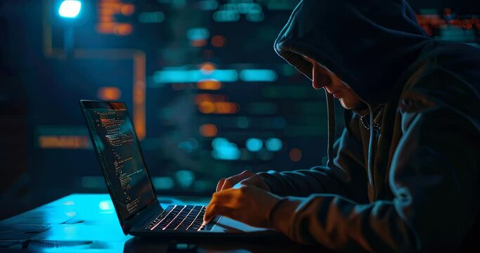 Shadowed hacker with backlight, typing secure code on a laptop in the dark. Cybersecurity expert