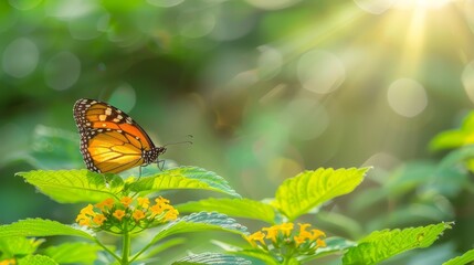  A tight shot of a butterfly perched on a yellow flower, surrounded by green foliage in the...
