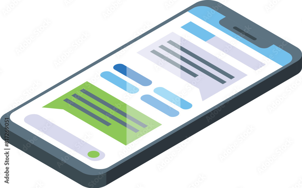 Poster illustration of a modern smartphone displaying a chat interface in isometric view