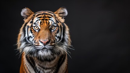  A tight shot of a tiger's intense face against a black backdrop, gazing straight into the camera