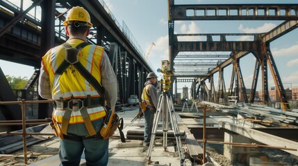 Naklejka premium A team of engineers testing the structural integrity of a newly fabricated steel bridge using advanced measurement tools.