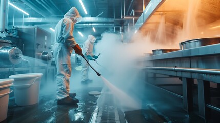 A team of industrial cleaners using high-pressure hoses to wash down equipment in a food manufacturing plant.