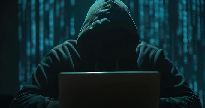 Cybersecurity hacker, anonymous in hoodie, backlight and secure data on laptop. Cybersecurity expert
