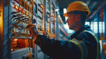 A team of industrial electricians troubleshooting a complex electrical panel with specialized tools.