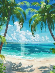 Naklejka premium Illustration of a tropical beach lined with tall palm trees and clear turquoise water under a blue sky. Generative AI