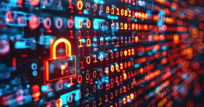 Digital lock interface close-up with binary code background symbolizes data encryption. Cybersecurity expert