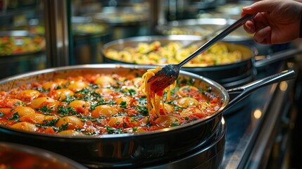  A zoomed-in photo of a pot filled with food on a stovetop, featuring a person holding a ladle full of the dish