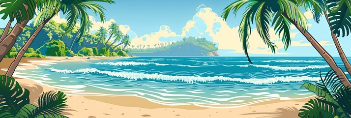 A vibrant cartoon illustration of a tropical beach scene featuring palm trees swaying in the breeze, with waves crashing on the shore. Generative AI © Anat art
