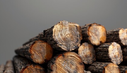 Piles of cut tree logs during deforestation of the forest