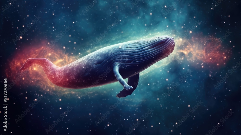 Poster surreal art design of a whale floating in space with a cosmic background and starry sky. digital art