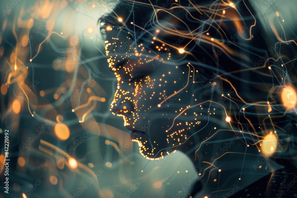 Poster a woman's face is shown in a computer generated image with a lot of glowing lines