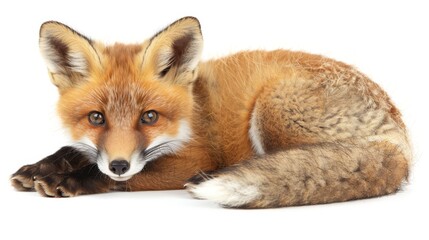  A close-up of a fox on a white surface, with its front paws touching the ground