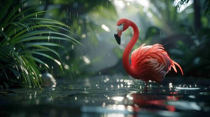  A pink flamingo wades in a sunlit pool amidst palm trees and lush greenery