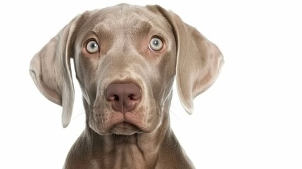  A shocked dog's face in tight focus against a pristine white backdrop
