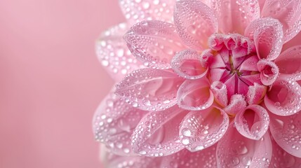  A tight shot of a pink flower with dewdrops on its petals and in its center