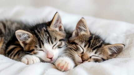  A few kittens resting atop each other on a white bedspread
