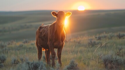  A cow in a grassy field, sun sets behind, foreground grass vibrant