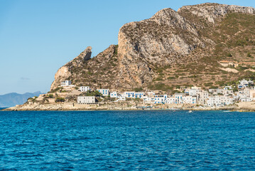 View of Levanzo Island, is the smallest of the three Aegadian islands in the Mediterranean sea of Sicily, Trapani, Italy