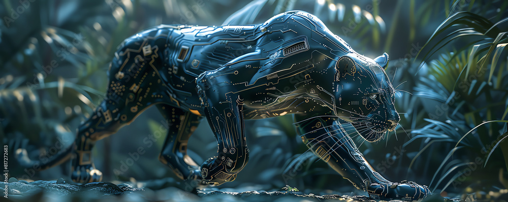 Poster capture the sleek silhouette of a metallic panther merging with futuristic circuits in a digital art