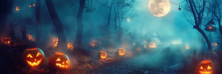 Obraz premium Eerie Halloween night scene with carved jack-o'-lanterns illuminating a foggy forest under a full moon
