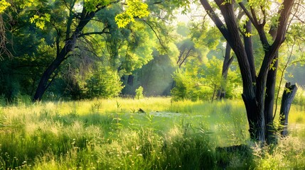 A tranquil meadow with dappled sunlight filtering through the trees