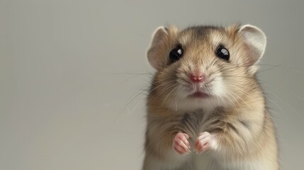  A hamster in browns and whites stands on hind legs, front paws resting there
