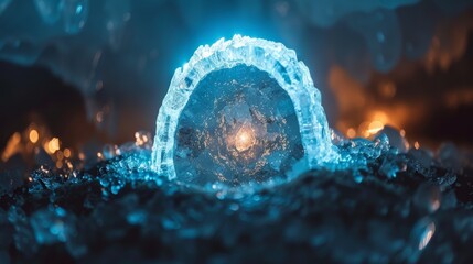  A tight shot of a blue object in the heart of an icy, snowy expanse Background radiates with brilliant lights - Powered by Adobe