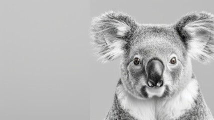  A black-and-white image of a koala with an expression of surprise, gazing directly into the camera