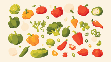 Set of green red and orange bell pepper and broccol