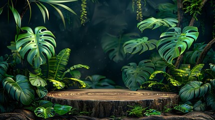  A tree stump in the heart of a verdant forest, surrounded by numerous green plants and foliage