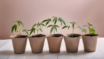 Fototapeta premium Young cannabis plants in pots. Cultivation of green marijuana.