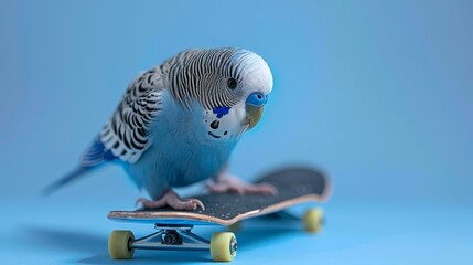  Parakeet atop skateboard against blue-white backdrop Light blue underlay