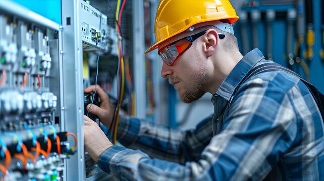 Industrial electricians installing and wiring control systems for a new industrial automation project.
