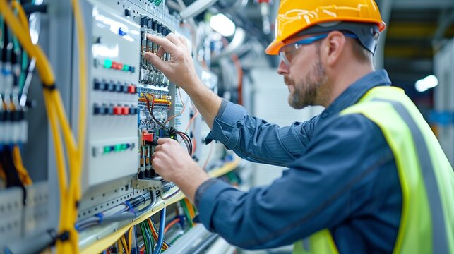 Industrial electricians installing and wiring control panels for a new automated manufacturing line.