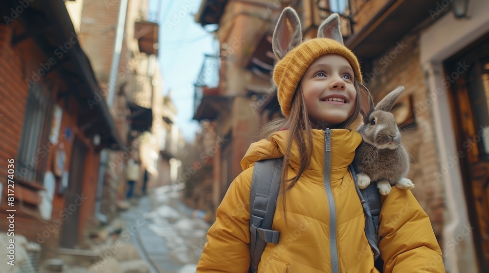 Canvas Prints  A small girl in a yellow jacket, a bunny with a yellow jackets, and a cat donning a yellow hat