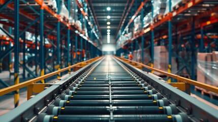 Fototapeta premium Industrial maintenance technicians replacing worn-out bearings on a massive conveyor system in a distribution warehouse.