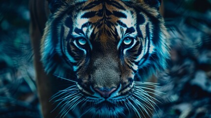  A tight shot of a tiger's visage, marked by irregular blue-black stripes, against a hazy backdrop