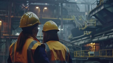 Industrial maintenance technicians conducting routine inspections on a network of overhead cranes in a steel foundry.