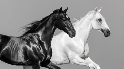  Two horses, one black and one white, gallop together in a monochrome photograph against a gray backdrop