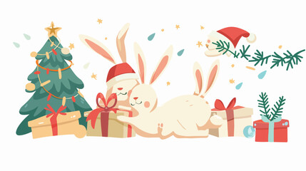 Set of horizontal New Year banners with rabbits in